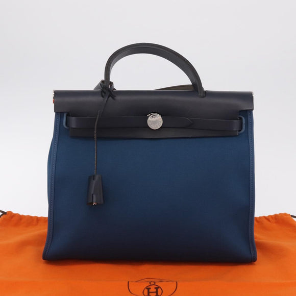 HERMES Herbag Zip PM Hand Bag Canvas Leather 2way Navy Silver Auth 202516SAM