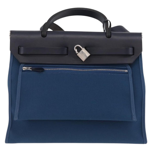 HERMES Herbag Zip PM Hand Bag Canvas Leather 2way Navy Silver Auth 202516SAM