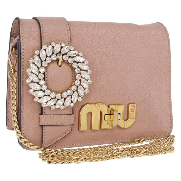 Miu Miu Chain Shoulder Bag Leather Pink Gold Auth 202534A