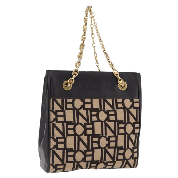 CELINE Chain Tote Bag Leather Beige Gold Auth 202538A