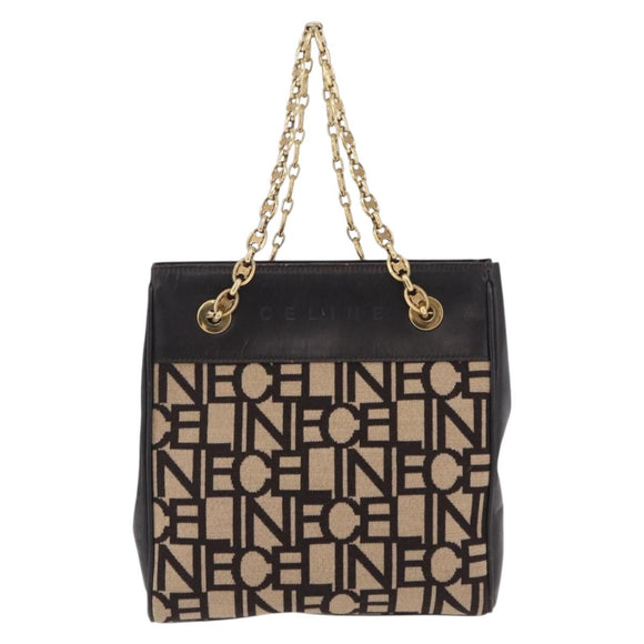 CELINE Chain Tote Bag Leather Beige Gold Auth 202538A