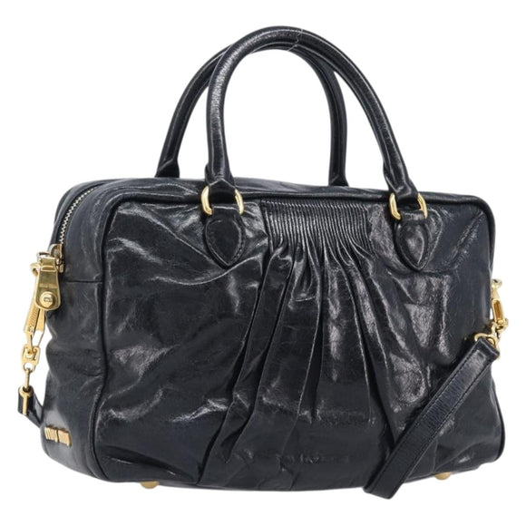 Miu Miu Vitellolux Matelasse Hand Bag Leather 2way Black Gold Tone Auth 202629V