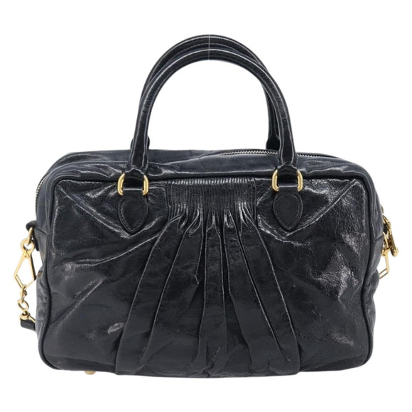 Miu Miu Vitellolux Matelasse Hand Bag Leather 2way Black Gold Tone Auth 202629V