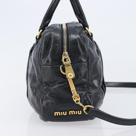Miu Miu Vitellolux Matelasse Hand Bag Leather 2way Black Gold Tone Auth 202629V