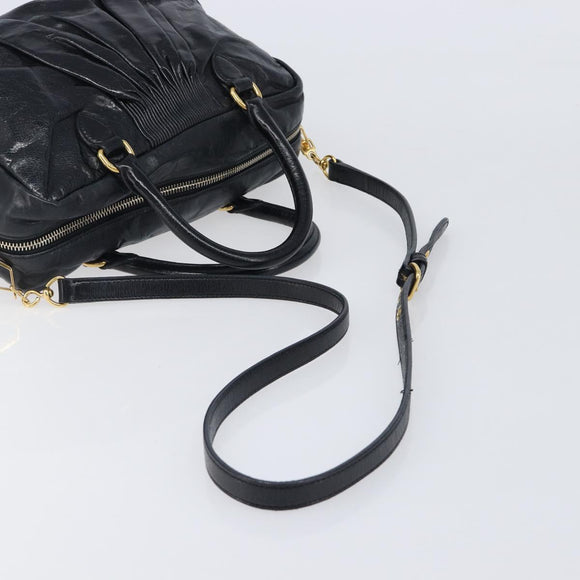 Miu Miu Vitellolux Matelasse Hand Bag Leather 2way Black Gold Tone Auth 202629V