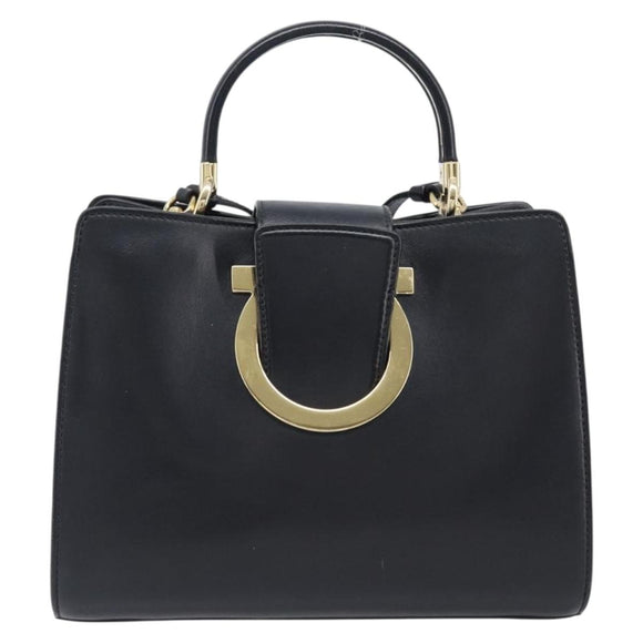 Salvatore Ferragamo Gancini Hand Bag Leather 2way Black Gold Tone Auth 202636V
