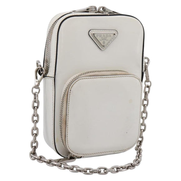 PRADA Chain Shoulder Bag Leather White Silver Auth 202662