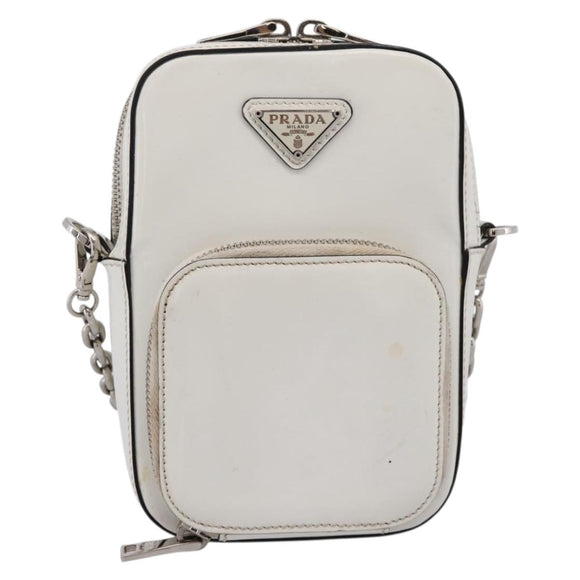 PRADA Chain Shoulder Bag Leather White Silver Auth 202662