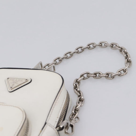 PRADA Chain Shoulder Bag Leather White Silver Auth 202662