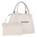 BALENCIAGA Navy Cabas Hand Bag Canvas Ivory Silver 339933 Auth 202675A-1