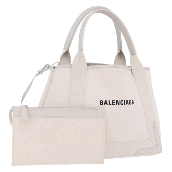 BALENCIAGA Navy Cabas Hand Bag Canvas Ivory Silver 339933 Auth 202675A