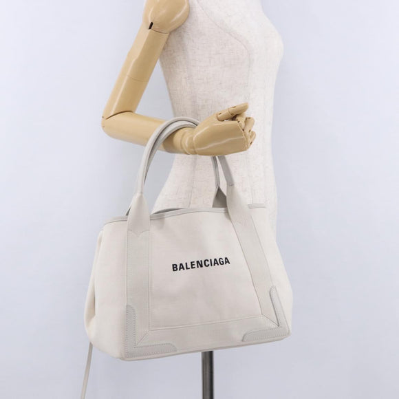 BALENCIAGA Navy Cabas Hand Bag Canvas Ivory Silver 339933 Auth 202675A