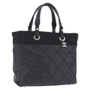 CHANEL Paris Biarritz Hand Bag PVC Canvas Black Silver CC Auth 202681V-1