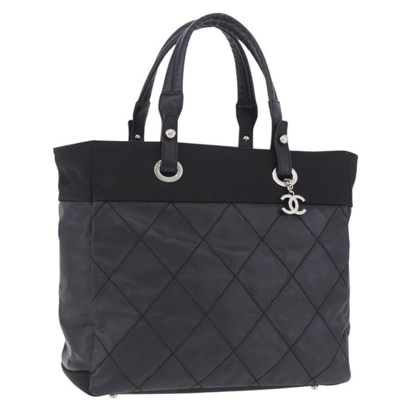 CHANEL Paris Biarritz Hand Bag PVC Canvas Black Silver CC Auth 202681V