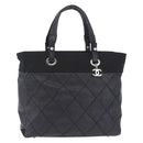 CHANEL Paris Biarritz Hand Bag PVC Canvas Black Silver CC Auth 202681V-2