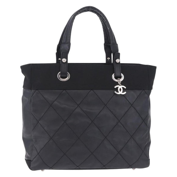CHANEL Paris Biarritz Hand Bag PVC Canvas Black Silver CC Auth 202681V