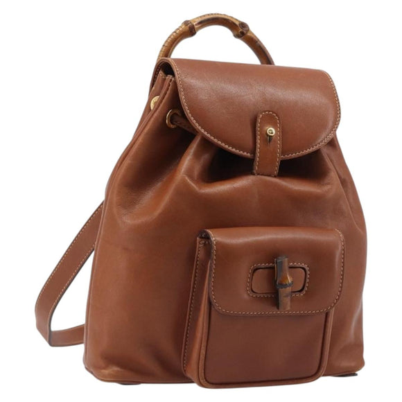GUCCI Bamboo Backpack Leather Black Gold 003 2034 0030 Auth 202686