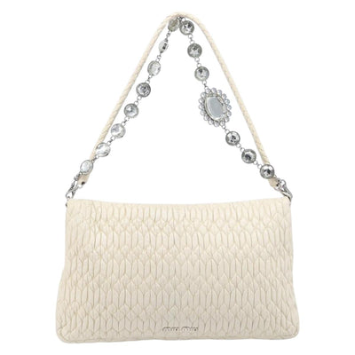 Miu Miu Matelasse Chain Shoulder Bag Leather 2way White Silver Auth 202695A - 0