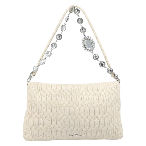 Miu Miu Matelasse Chain Shoulder Bag Leather 2way White Silver Auth 202695A