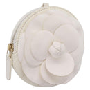 CHANEL Camelia Coin Purse Lamb Skin White Gold CC Auth 202721M-1