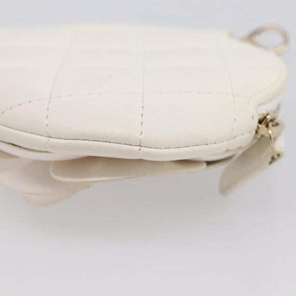 CHANEL Camelia Coin Purse Lamb Skin White Gold CC Auth 202721M