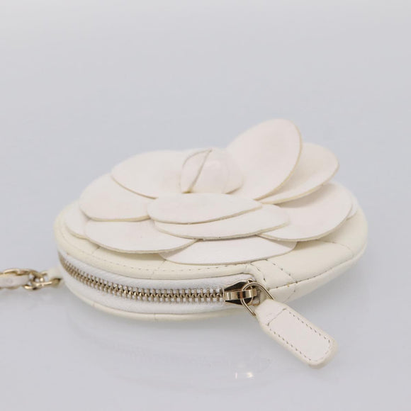 CHANEL Camelia Coin Purse Lamb Skin White Gold CC Auth 202721M
