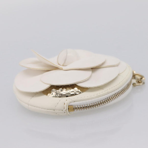 CHANEL Camelia Coin Purse Lamb Skin White Gold CC Auth 202721M