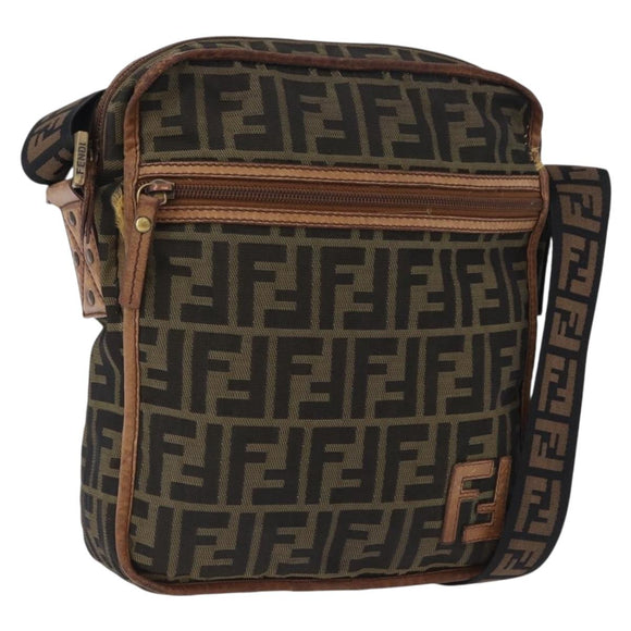 FENDI Zucca Canvas Shoulder Bag Brown Black Auth 202768