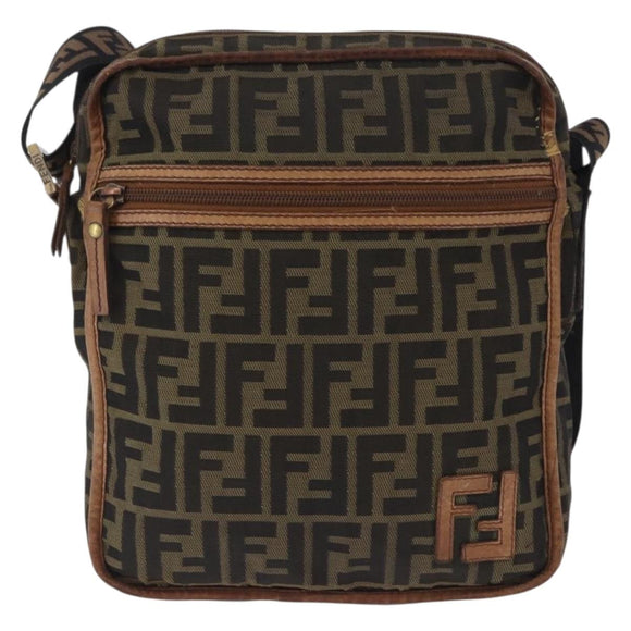 FENDI Zucca Canvas Shoulder Bag Brown Black Auth 202768