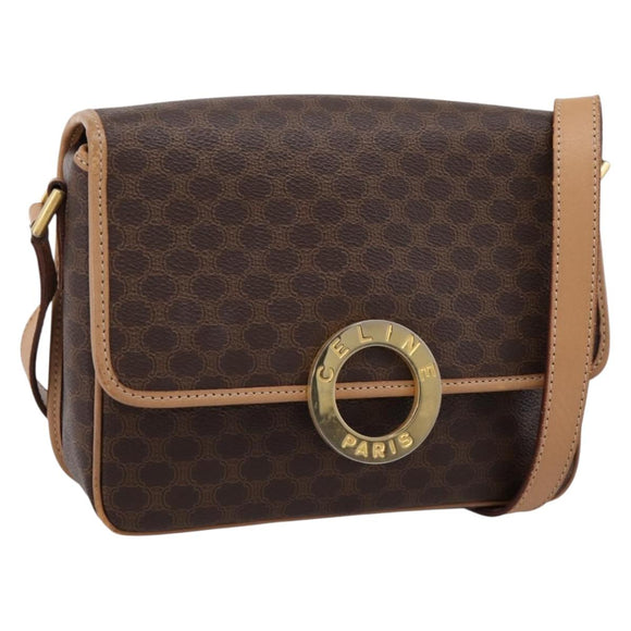 CELINE Macadam Canvas Circle Shoulder Bag PVC Leather Brown Gold Auth 202874A