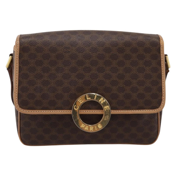 CELINE Macadam Canvas Circle Shoulder Bag PVC Leather Brown Gold Auth 202874A