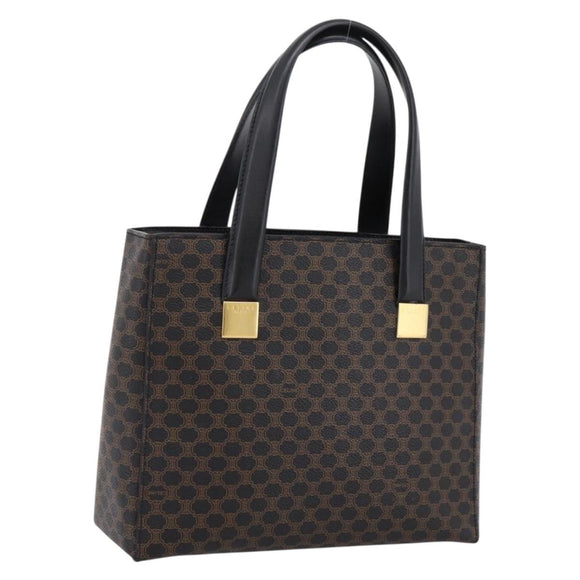 CELINE Macadam Canvas Circle Hand Bag PVC Leather Black Gold Auth 202882