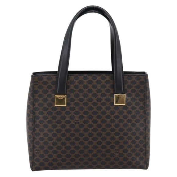 CELINE Macadam Canvas Circle Hand Bag PVC Leather Black Gold Auth 202882