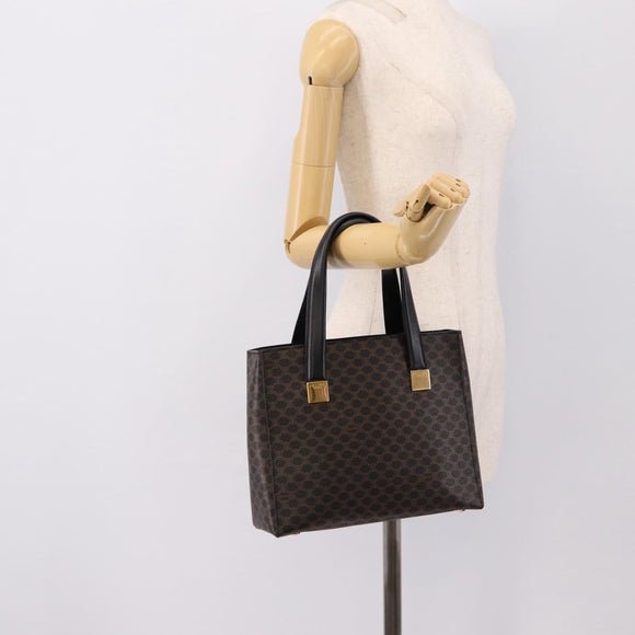 CELINE Macadam Canvas Circle Hand Bag PVC Leather Black Gold Auth 202882