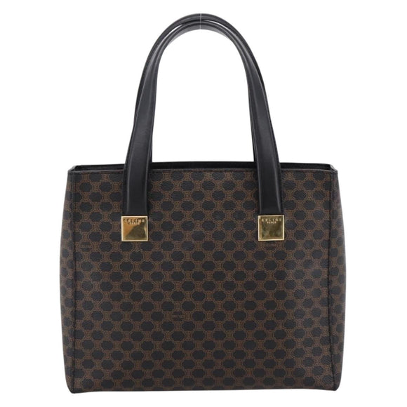 CELINE Macadam Canvas Circle Hand Bag PVC Leather Black Gold Auth 202882