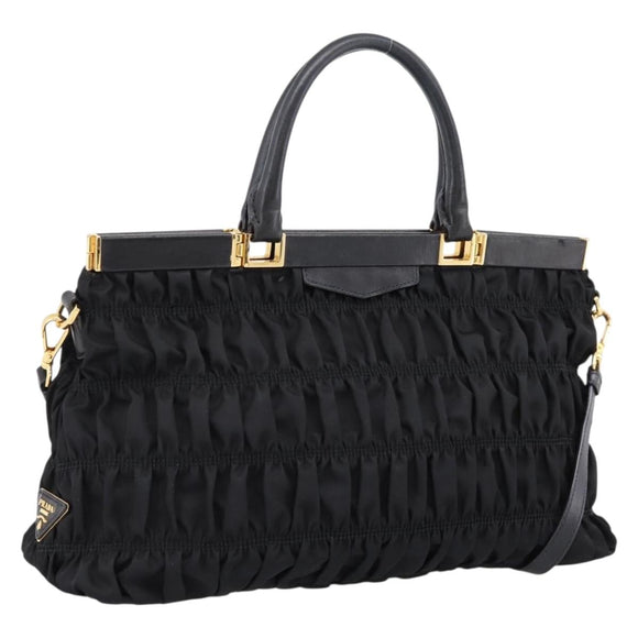 PRADA Gathered Hand Bag Nylon 2way Black Gold Auth 202889A