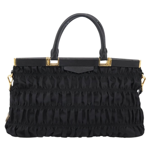 PRADA Gathered Hand Bag Nylon 2way Black Gold Auth 202889A