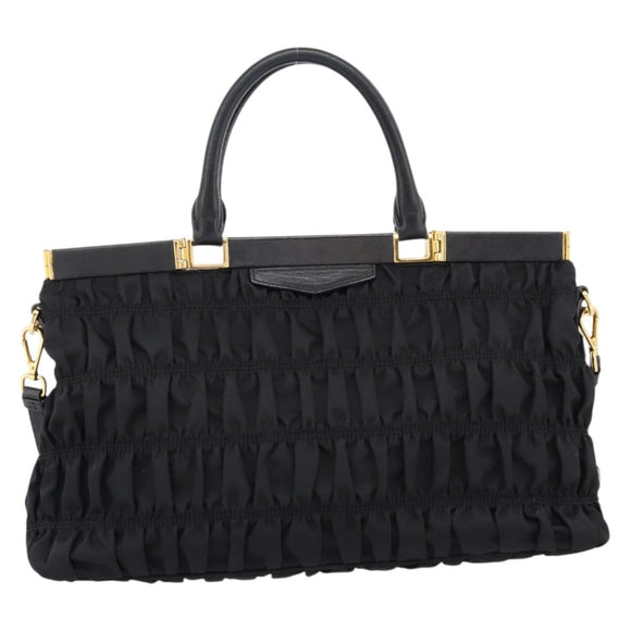 PRADA Gathered Hand Bag Nylon 2way Black Gold Auth 202889A