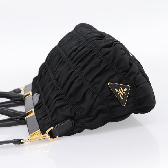 PRADA Gathered Hand Bag Nylon 2way Black Gold Auth 202889A