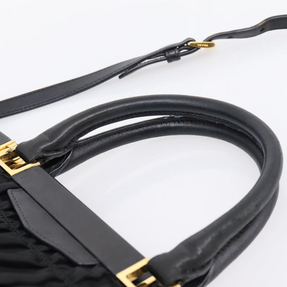 PRADA Gathered Hand Bag Nylon 2way Black Gold Auth 202889A