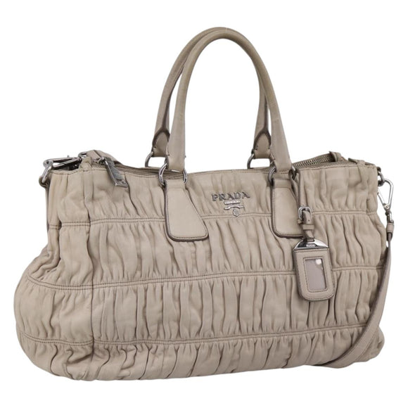 PRADA Gathered Hand Bag Leather 2way Ivory Silver Auth 202895A