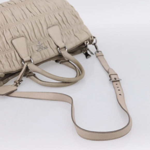 PRADA Gathered Hand Bag Leather 2way Ivory Silver Auth 202895A