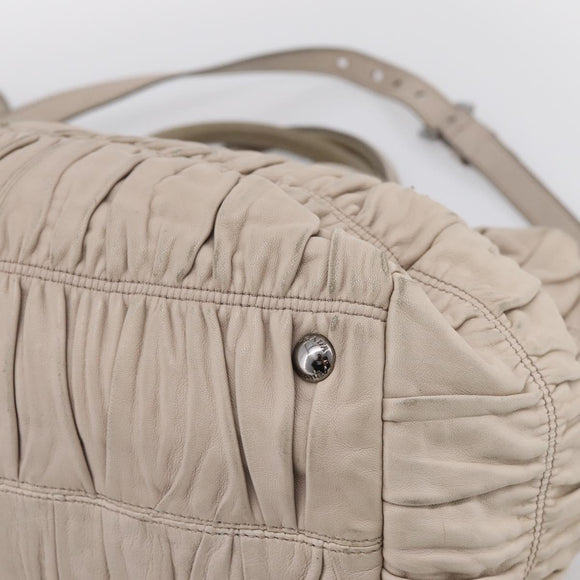 PRADA Gathered Hand Bag Leather 2way Ivory Silver Auth 202895A