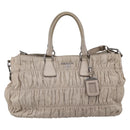 PRADA Gathered Hand Bag Leather 2way Ivory Silver Auth 202895A-2