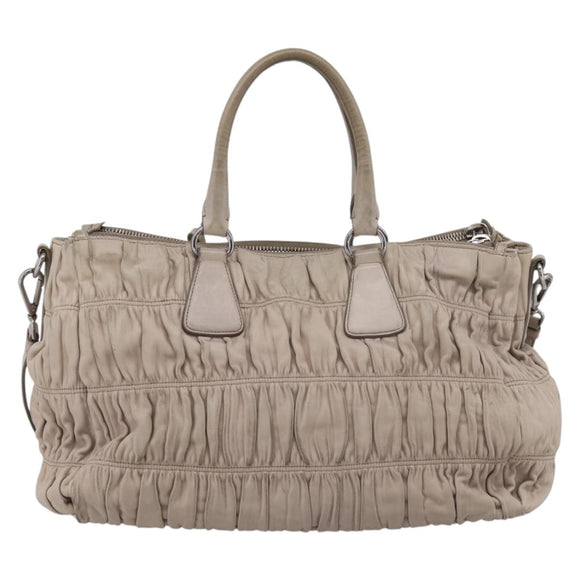 PRADA Gathered Hand Bag Leather 2way Ivory Silver Auth 202895A