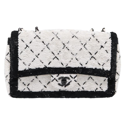 CHANEL Chain Matelasse 25 Shoulder Bag Sequin White CC Auth 202896SM - 0