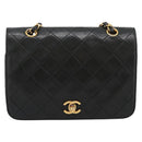 CHANEL Matelasse Chain Shoulder Bag Lamb Skin Black Gold CC Auth 202897V-2