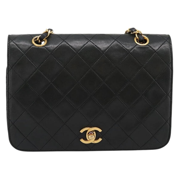 CHANEL Matelasse Chain Shoulder Bag Lamb Skin Black Gold CC Auth 202897V
