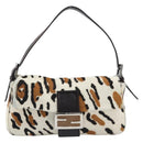 FENDI Mamma Baguette Shoulder Bag Harako leather Beige Silver Auth 202898SAM-13