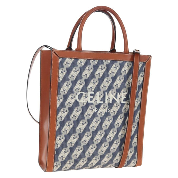 CELINE Macadam Canvas Vertical Cabas Small Hand Bag Navy Gold Auth 202902M